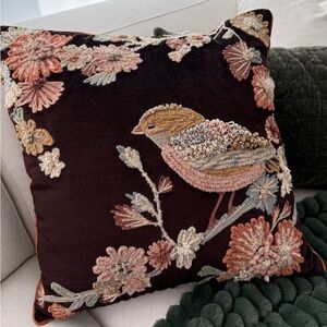 Embroidered Bird Throw Pillow